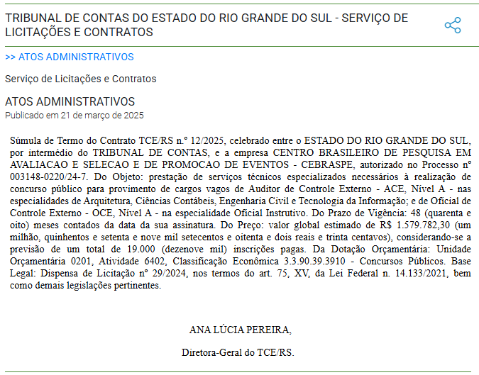Concurso TCE RS: Tribunal firma contrato com Cebraspe para novo certame, com vigência de 48 meses e mais de 19 mil inscrições previstas 1 concurso-tce-rs-cebraspe