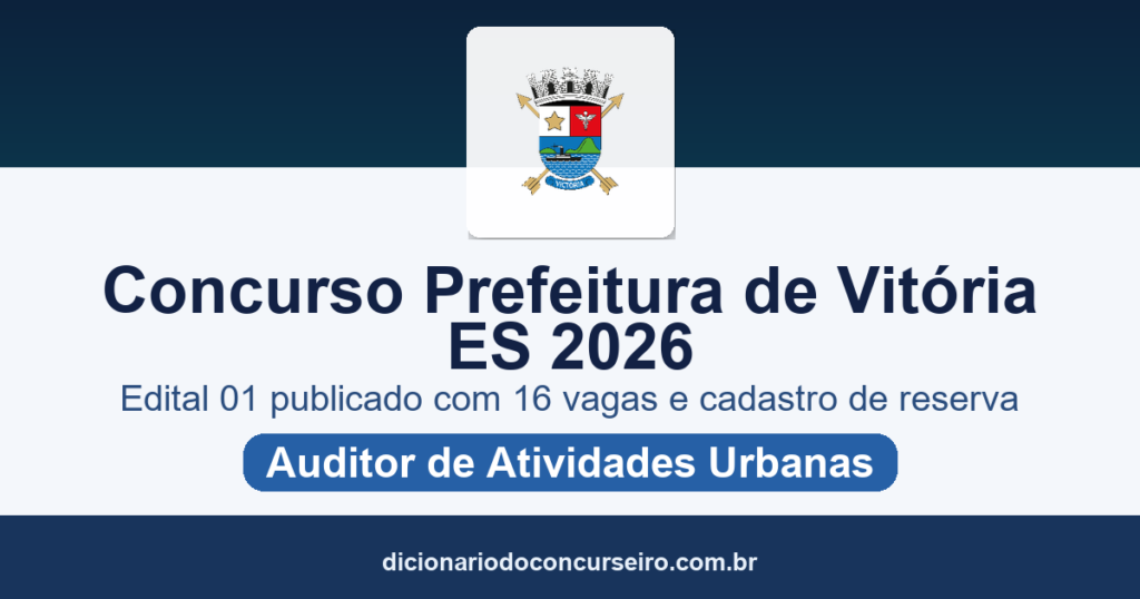 Concurso Prefeitura de Vitória ES 2026: edital 01 publicado com 16 vagas e cadastro de reserva para auditor de atividades urbanas