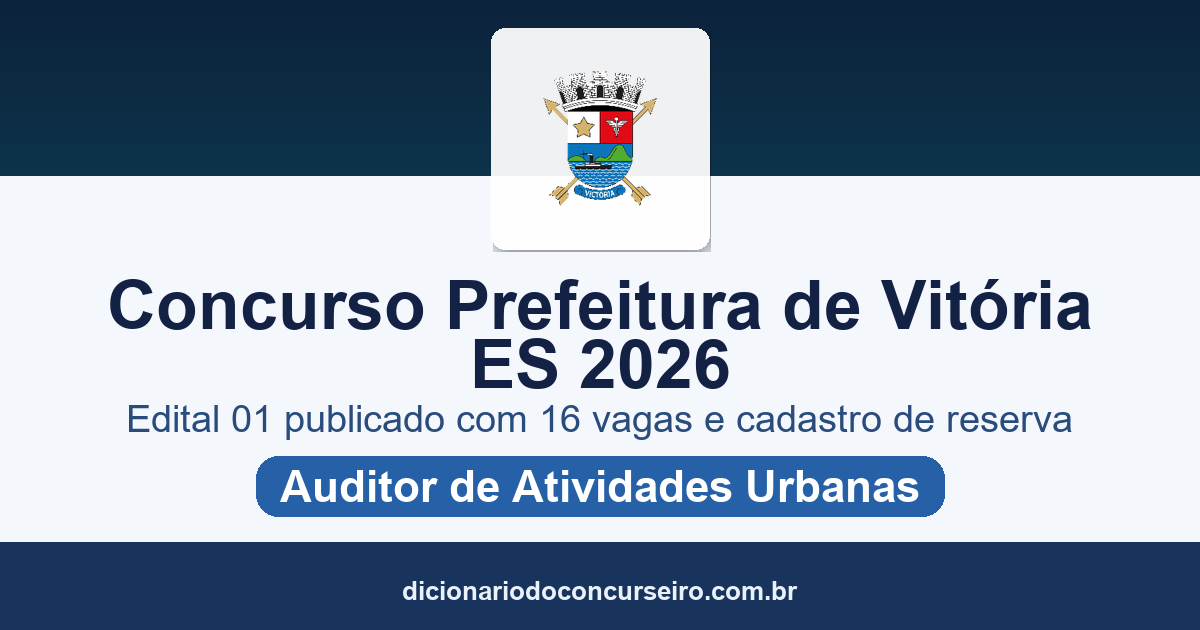 Concurso Prefeitura de Vitória ES 2026: edital 01 publicado com 16 vagas e cadastro de reserva para auditor de atividades urbanas