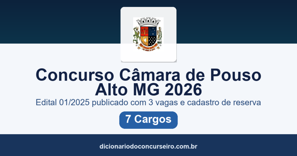 Concurso Câmara de Pouso Alto MG 2026: edital 01/2025 publicado com 3 vagas e cadastro de reserva para 7 cargos