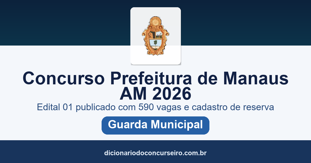 Concurso Prefeitura de Manaus AM 2026: edital 01 publicado com 590 vagas e cadastro de reserva para Guarda Municipal