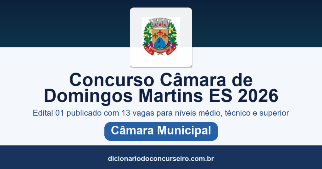 Concurso Câmara de Domingos Martins ES 2026: edital 01 publicado com 13 vagas para níveis médio, técnico e superior