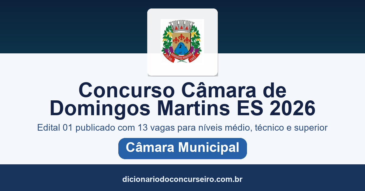 Concurso Câmara de Domingos Martins ES 2026: edital 01 publicado com 13 vagas para níveis médio, técnico e superior