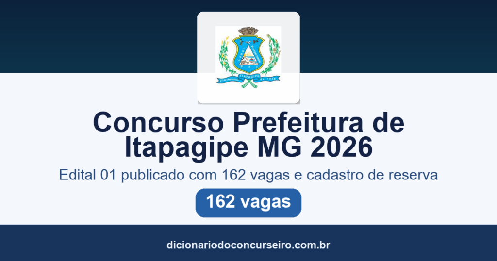 Concurso Prefeitura de Itapagipe MG 2026: edital 01 publicado com 162 vagas e cadastro de reserva para diversos cargos