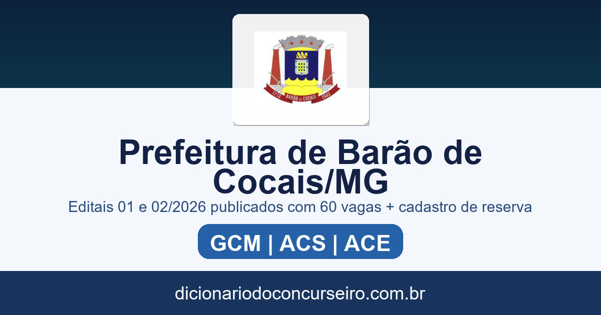 Concurso Prefeitura de Barão de Cocais MG 2026: editais 01 e 02 publicados com 60 vagas e cadastro reserva