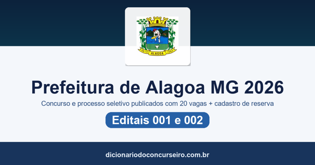 Prefeitura de Alagoa MG 2026: concurso e processo seletivo publicados com 20 vagas e cadastro de reserva