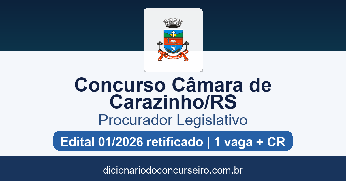 Concurso Câmara de Carazinho RS 2026: edital 01/2026 retificado com 1 vaga + cadastro reserva para Procurador Legislativo