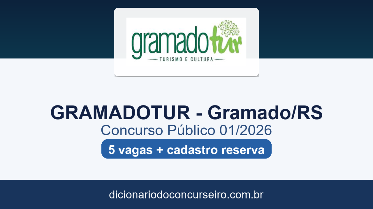 Concurso GRAMADOTUR Gramado RS 2026: edital 01/2026 publicado com 5 vagas imediatas e cadastro reserva