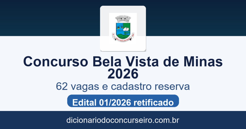 Concurso Prefeitura de Bela Vista de Minas MG 2026: edital 01/2026 retificado com 62 vagas e cadastro reserva