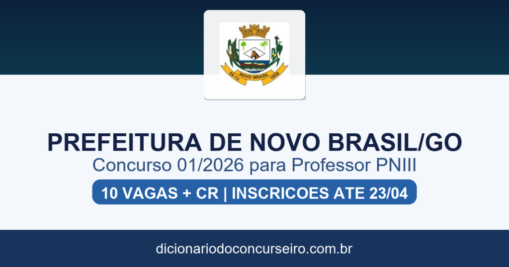Concurso Prefeitura de Novo Brasil GO 2026: edital 01/2026 publicado com 10 vagas e cadastro reserva para Professor PNIII