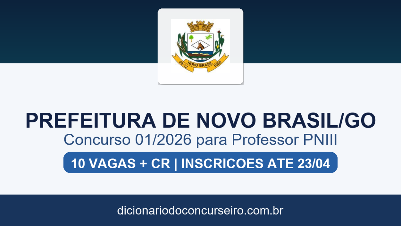 Concurso Prefeitura de Novo Brasil GO 2026: edital 01/2026 publicado com 10 vagas e cadastro reserva para Professor PNIII