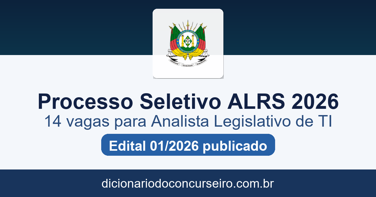 Processo seletivo Assembleia Legislativa RS 2026: edital 01 publicado com 14 vagas para Analista Legislativo de TI