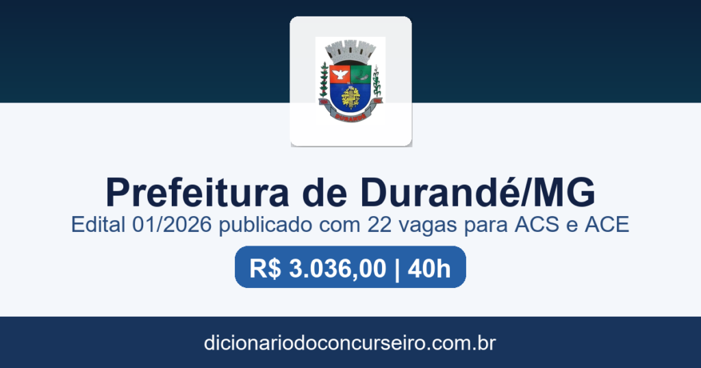 Processo seletivo Prefeitura de Durande-MG 2026: edital 01/2026 publicado com 22 vagas para ACS e ACE