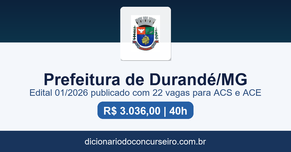 Processo seletivo Prefeitura de Durande-MG 2026: edital 01/2026 publicado com 22 vagas para ACS e ACE