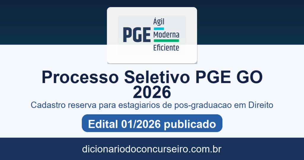 Processo seletivo PGE GO 2026: edital 01/2026 publicado para cadastro reserva de estagiários de pós-graduação em Direito