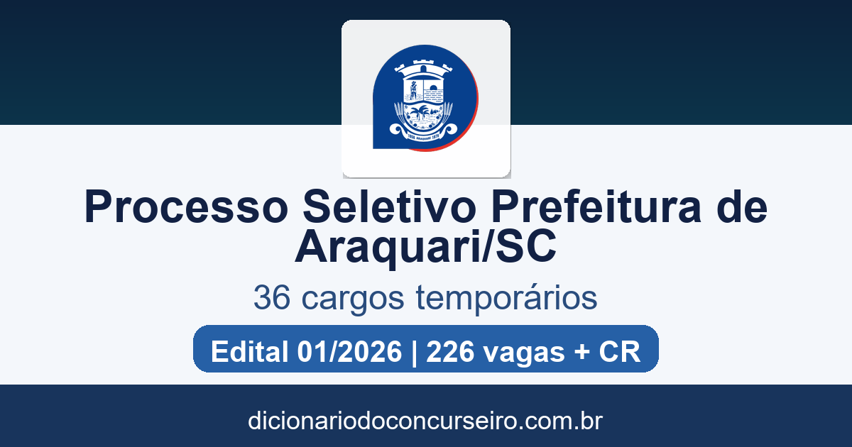 Processo Seletivo Prefeitura de Araquari SC 2026: edital 01/2026 publicado com 226 vagas e cadastro reserva
