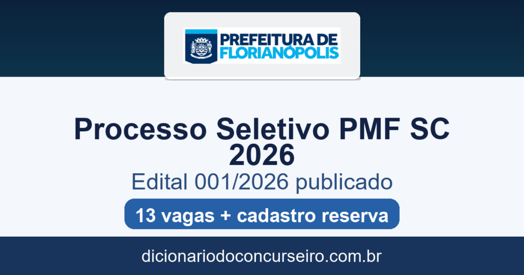 Processo Seletivo Prefeitura de Florianópolis SC 2026: edital 001/2026 publicado com 13 vagas e cadastro reserva