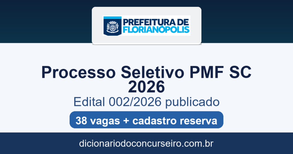 Processo Seletivo Prefeitura de Florianópolis SC 2026: edital 002/2026 publicado com 38 vagas e cadastro reserva