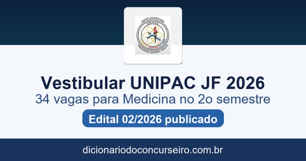 Vestibular UNIPAC JF Medicina 2026: edital 02 publicado com 34 vagas para o 2º semestre