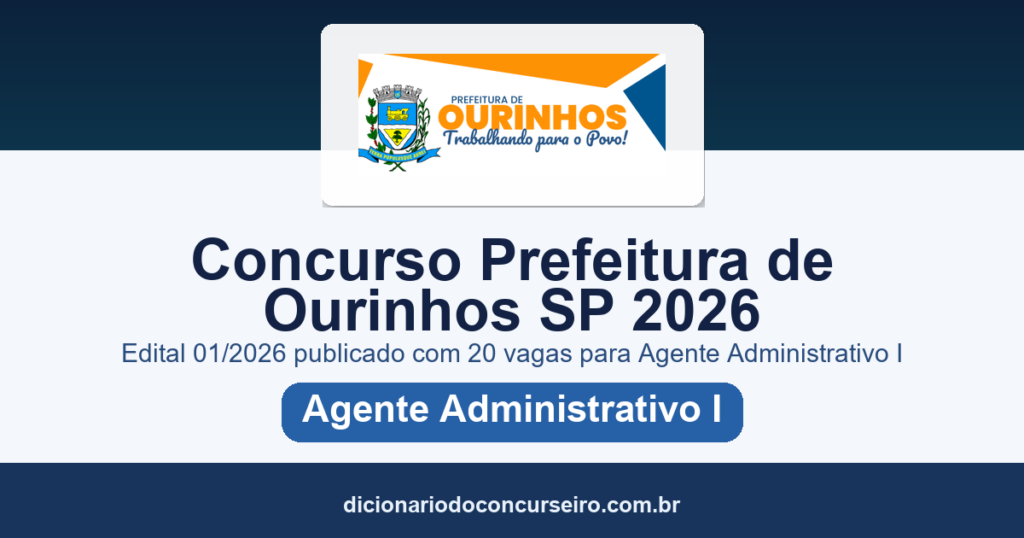 Concurso Prefeitura de Ourinhos SP 2026: edital 01/2026 publicado com 20 vagas para Agente Administrativo I