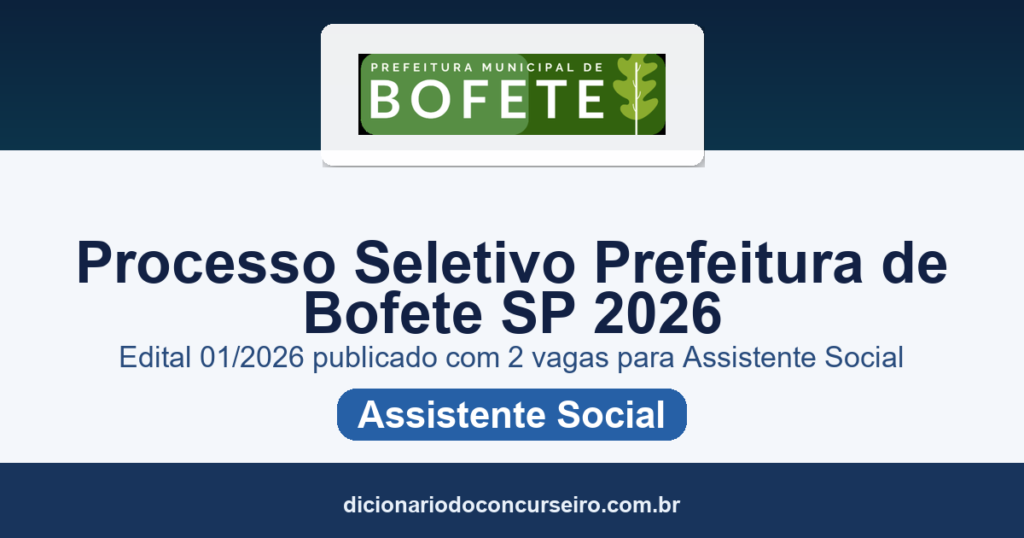 Processo Seletivo Prefeitura de Bofete SP 2026: edital 01/2026 publicado com 2 vagas para Assistente Social