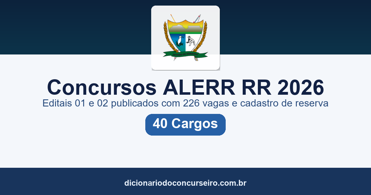 Concursos ALERR RR 2026: editais 01 e 02 publicados com 226 vagas e cadastro reserva para 40 cargos