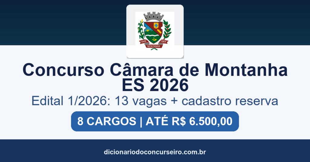 Concurso Câmara de Montanha ES 2026: edital publicado com 13 vagas e cadastro reserva