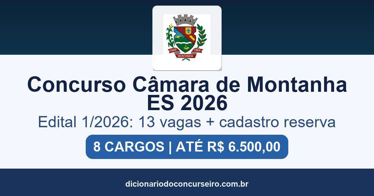 Concurso Câmara de Montanha ES 2026: edital publicado com 13 vagas e cadastro reserva