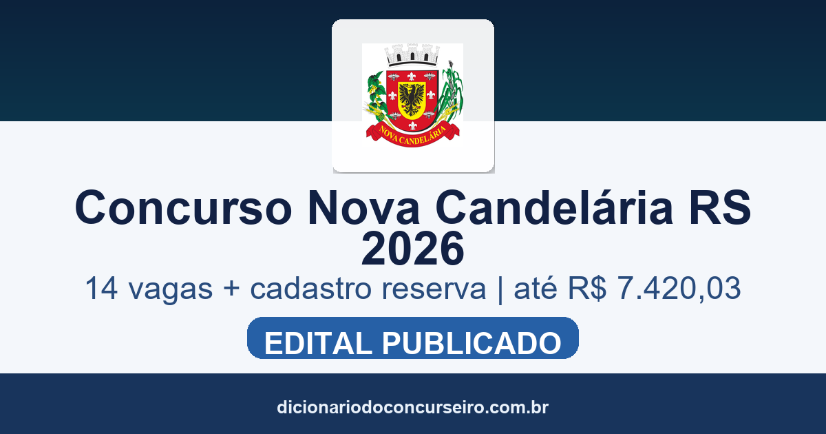 Concurso Prefeitura de Nova Candelária RS 2026: edital 01/2026 publicado com 14 vagas e cadastro reserva