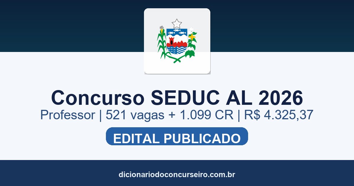 Concurso SEDUC AL 2026: edital 01/2026 publicado com 521 vagas imediatas e 1.099 em cadastro reserva para Professor