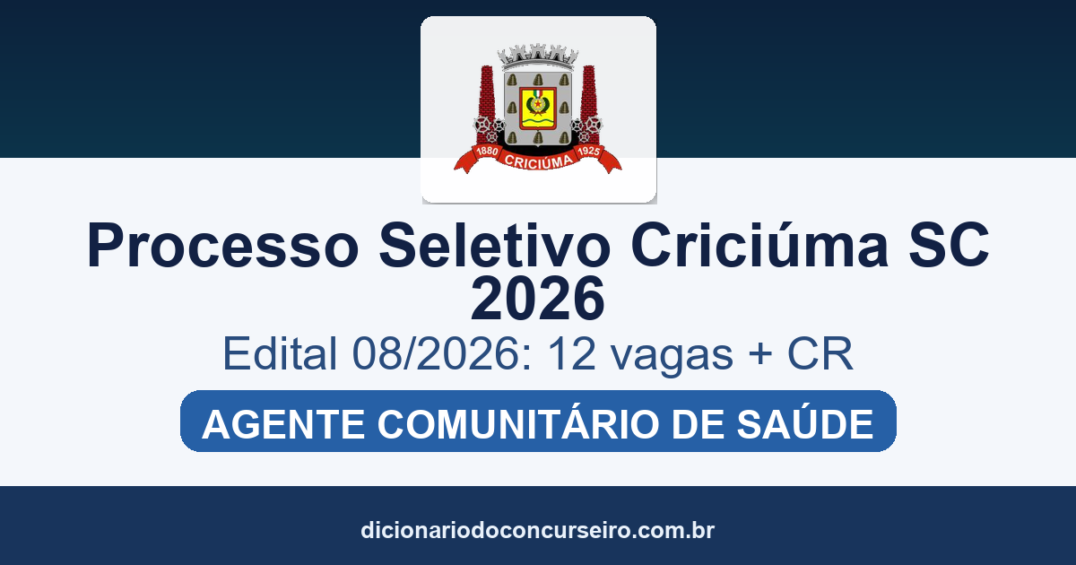 Processo Seletivo Prefeitura de Criciúma SC 2026: edital 08/2026 republicado com 12 vagas e cadastro reserva