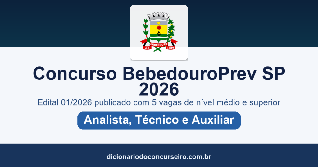 Concurso BebedouroPrev-SP 2026: edital 01/2026 publicado com 5 vagas de nível médio e superior