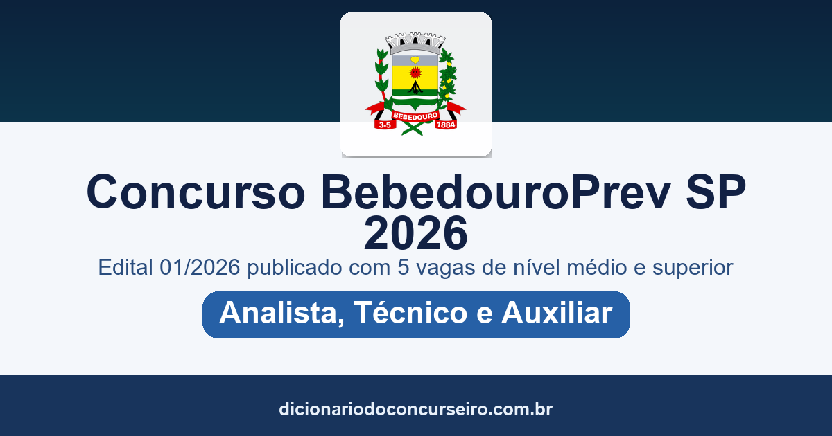 Concurso BebedouroPrev-SP 2026: edital 01/2026 publicado com 5 vagas de nível médio e superior