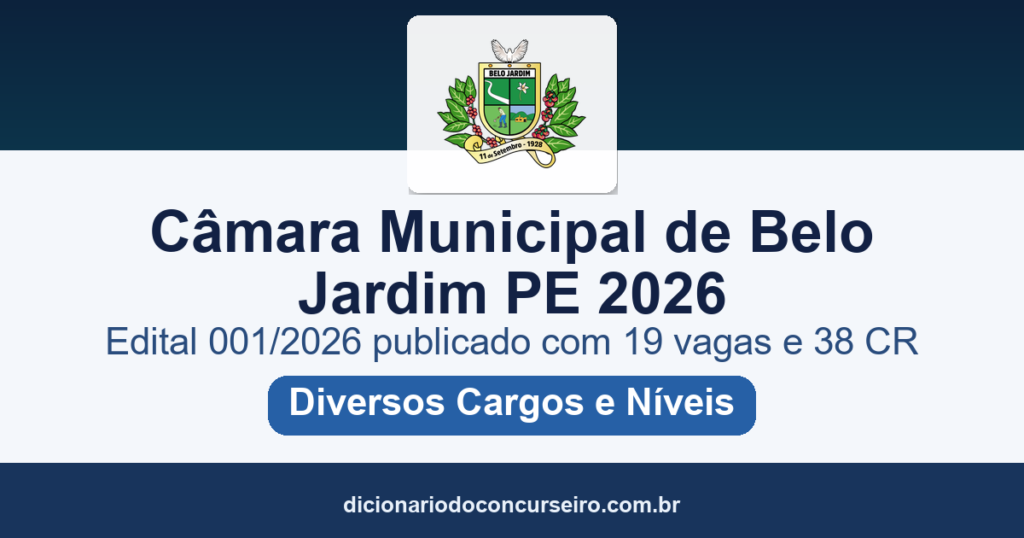 Concurso Câmara Belo Jardim PE 2026: edital 001/2026 publicado com 19 vagas e cadastro reserva