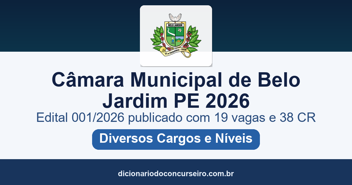 Concurso Câmara Belo Jardim PE 2026: edital 001/2026 publicado com 19 vagas e cadastro reserva