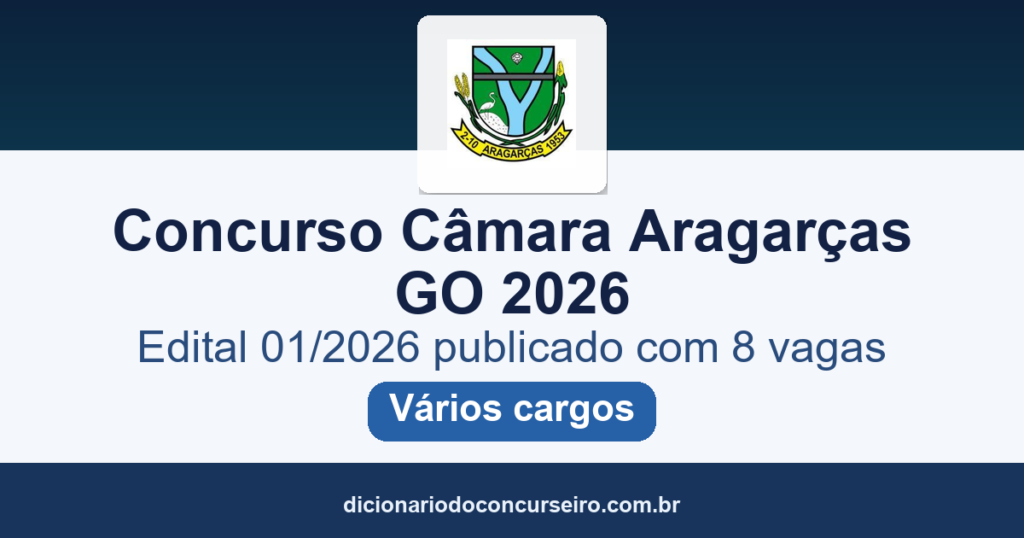 Concurso Câmara Aragarças GO 2026: edital 01/2026 publicado com 8 vagas e cadastro reserva
