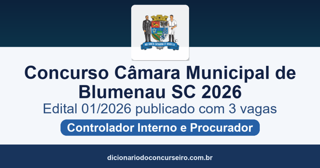 Concurso Câmara Municipal de Blumenau SC 2026: edital 01/2026 publicado com 3 vagas para Controlador Interno e Procurador