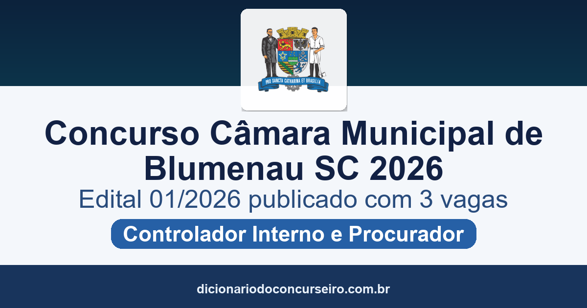 Concurso Câmara Municipal de Blumenau SC 2026: edital 01/2026 publicado com 3 vagas para Controlador Interno e Procurador