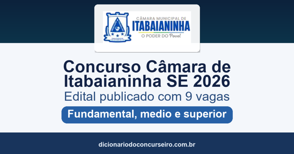Concurso Câmara de Itabaianinha SE 2026: edital publicado com 9 vagas