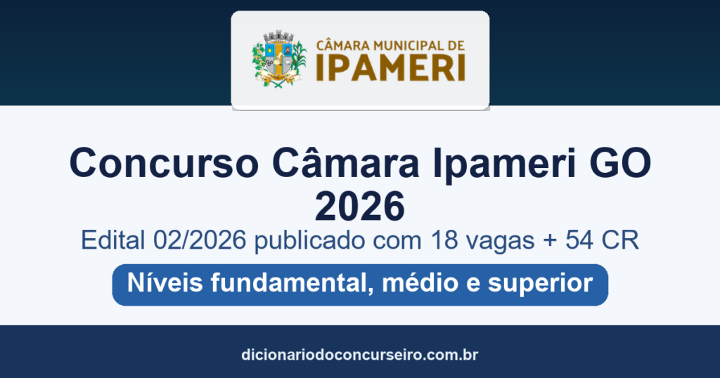 Concurso Câmara Ipameri GO 2026: edital 02/2026 publicado com 18 vagas e 54 CR
