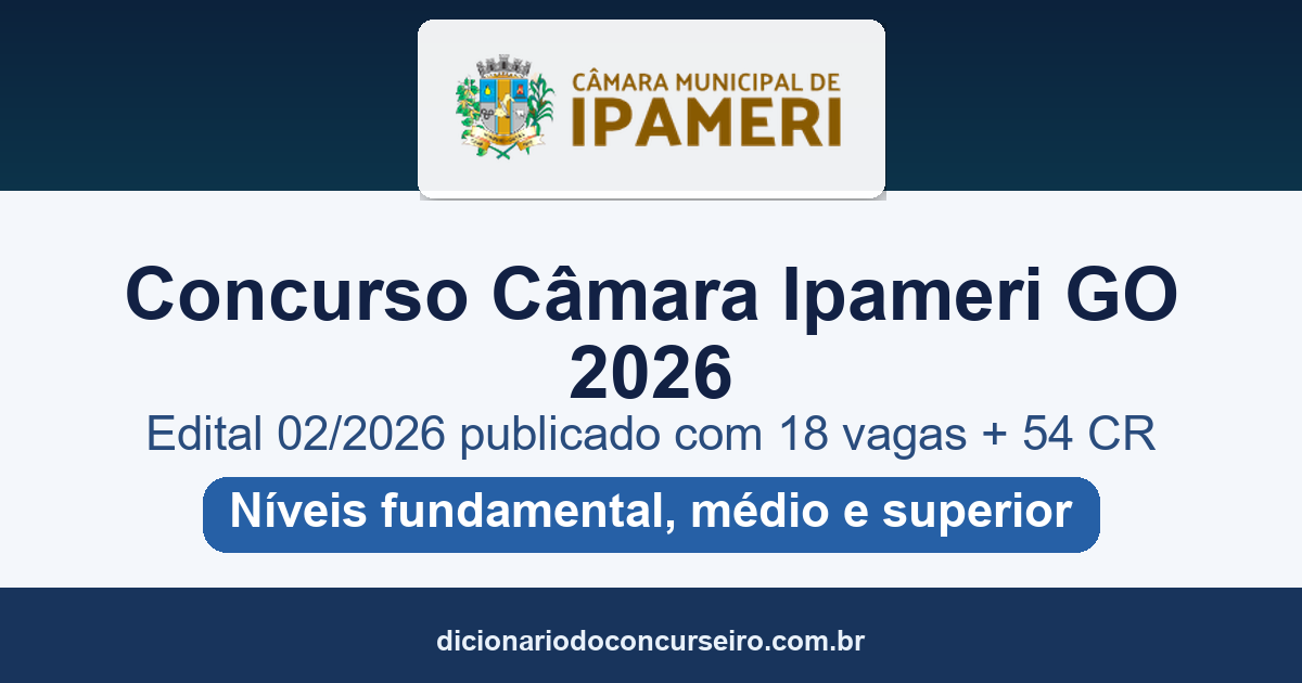 Concurso Câmara Ipameri GO 2026: edital 02/2026 publicado com 18 vagas e 54 CR