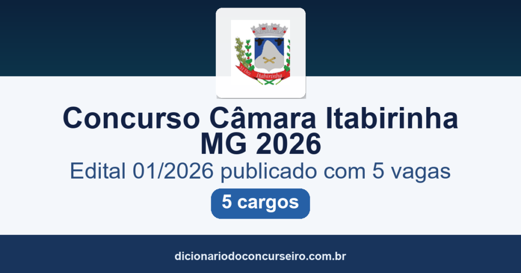 Concurso Câmara Itabirinha MG 2026: edital 01/2026 publicado com 5 vagas