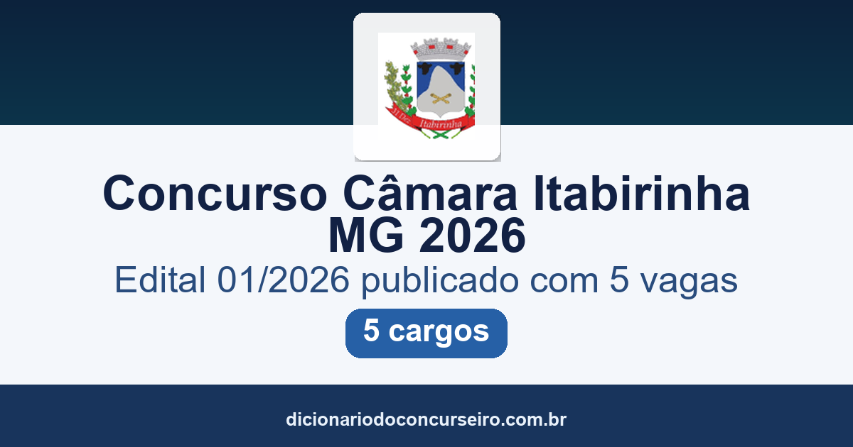 Concurso Câmara Itabirinha MG 2026: edital 01/2026 publicado com 5 vagas