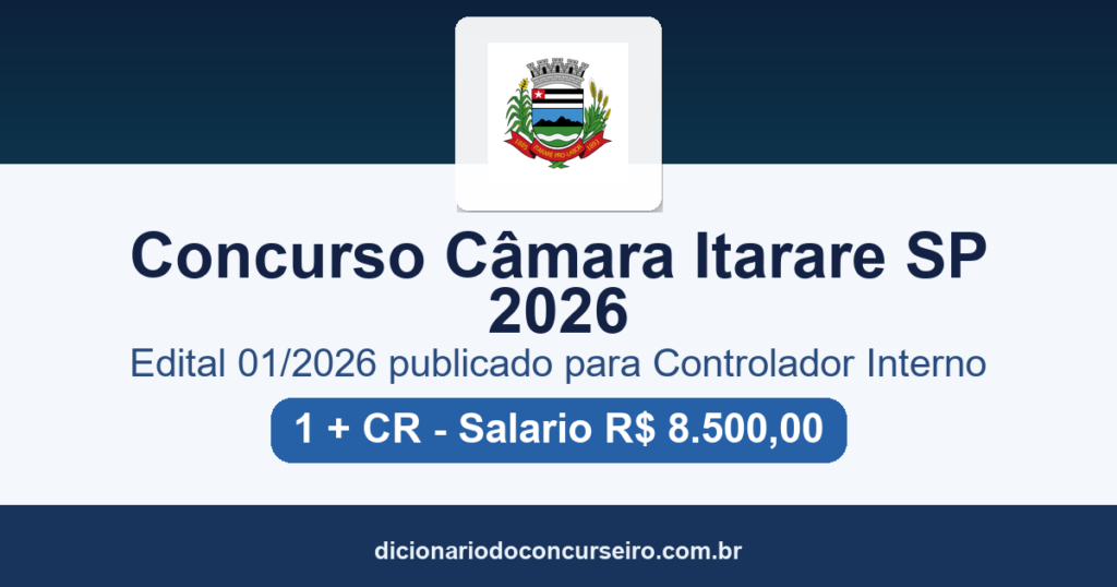 Concurso Câmara de Itararé SP 2026: edital 01/2026 publicado para Controlador Interno com salário de R$ 8.500,00
