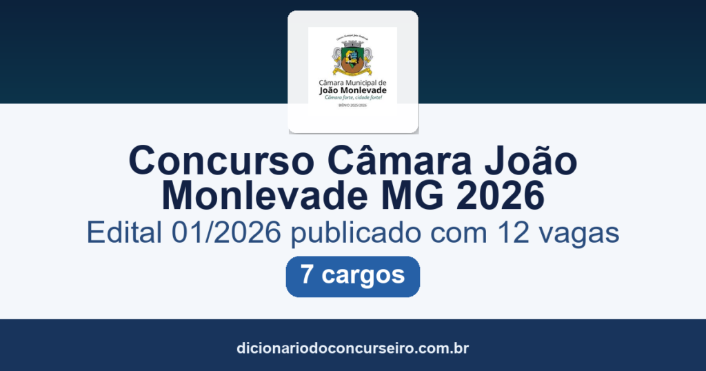 Concurso Câmara João Monlevade MG 2026: edital 01/2026 publicado com 12 vagas