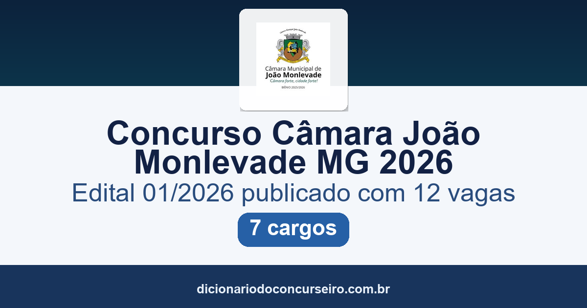 Concurso Câmara João Monlevade MG 2026: edital 01/2026 publicado com 12 vagas