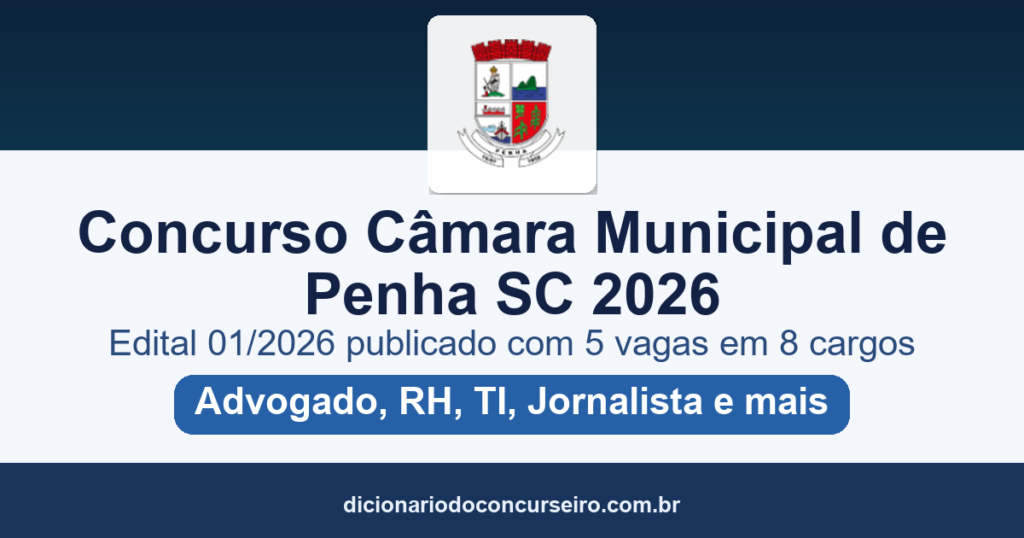 Concurso Câmara Municipal de Penha SC 2026: edital 01/2026 publicado com 5 vagas em 8 cargos