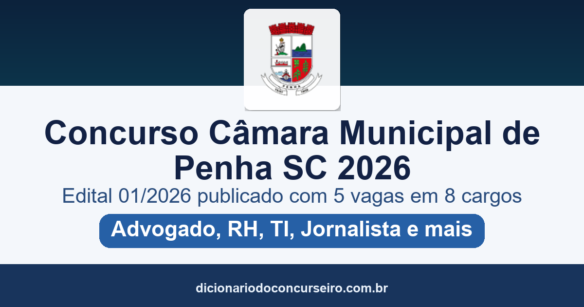 Concurso Câmara Municipal de Penha SC 2026: edital 01/2026 publicado com 5 vagas em 8 cargos