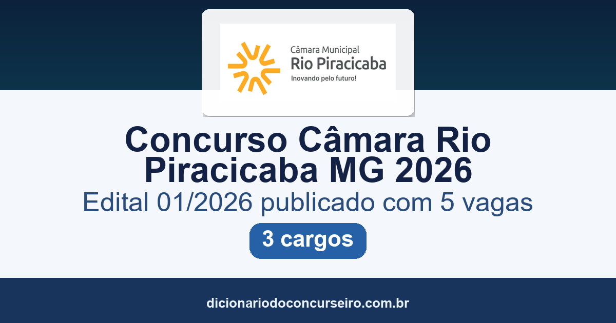 Concurso Câmara Rio Piracicaba MG 2026: edital 01/2026 publicado com 5 vagas