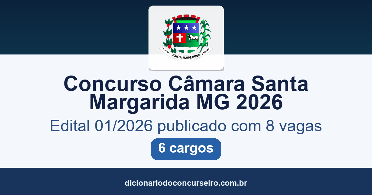 Concurso Câmara Santa Margarida MG 2026: edital 01/2026 publicado com 8 vagas